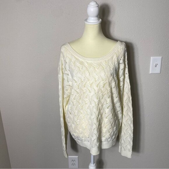 Andree by Unit White Knit Crochet Wide Scoop Neck Sweater Women's Size Large - Picture 16 of 16